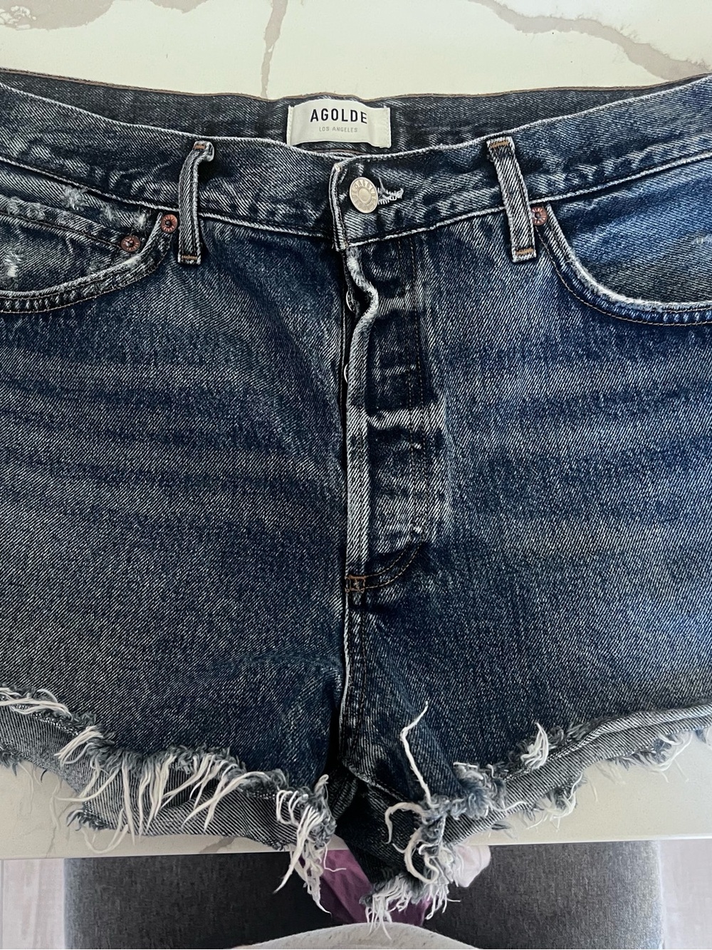 Agolde Dark Indigo Frayed Denim Cutoff Shorts